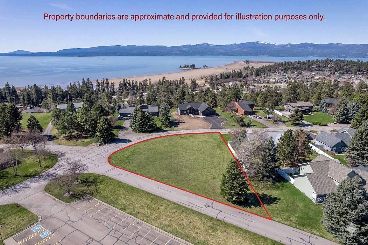 132 N Crestview Terrace, Bigfork, MT 59911 Ariel with estimated lot lines looking West towards Flathead Lake and Salish Mountains