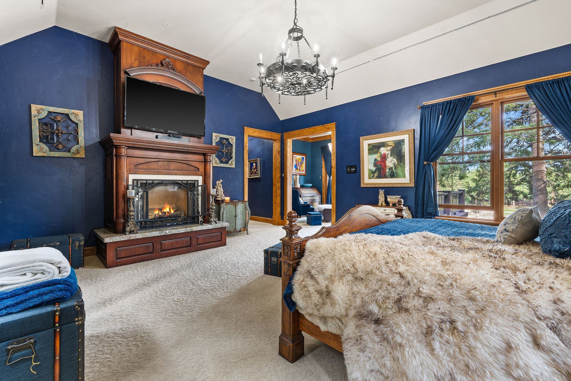310 Rocky Woods Lane, Bigfork, MT 59911 Fireplace with cherry surround & stone hearth