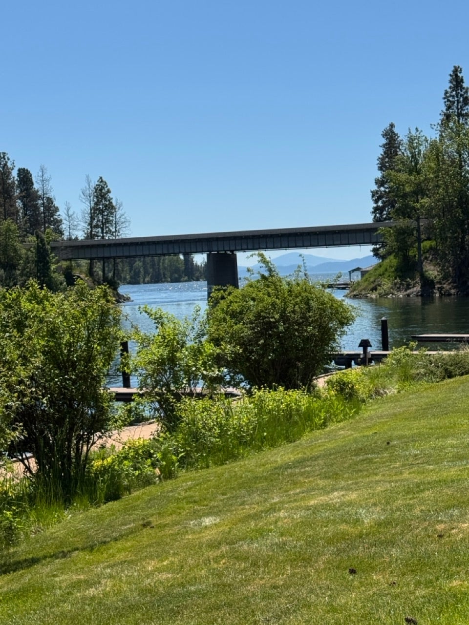 Expansive grassy lawn with a gentle slope leading to a waterfront area
