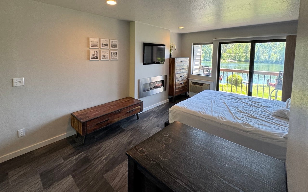 Spacious interior with dark wood-finish flooring