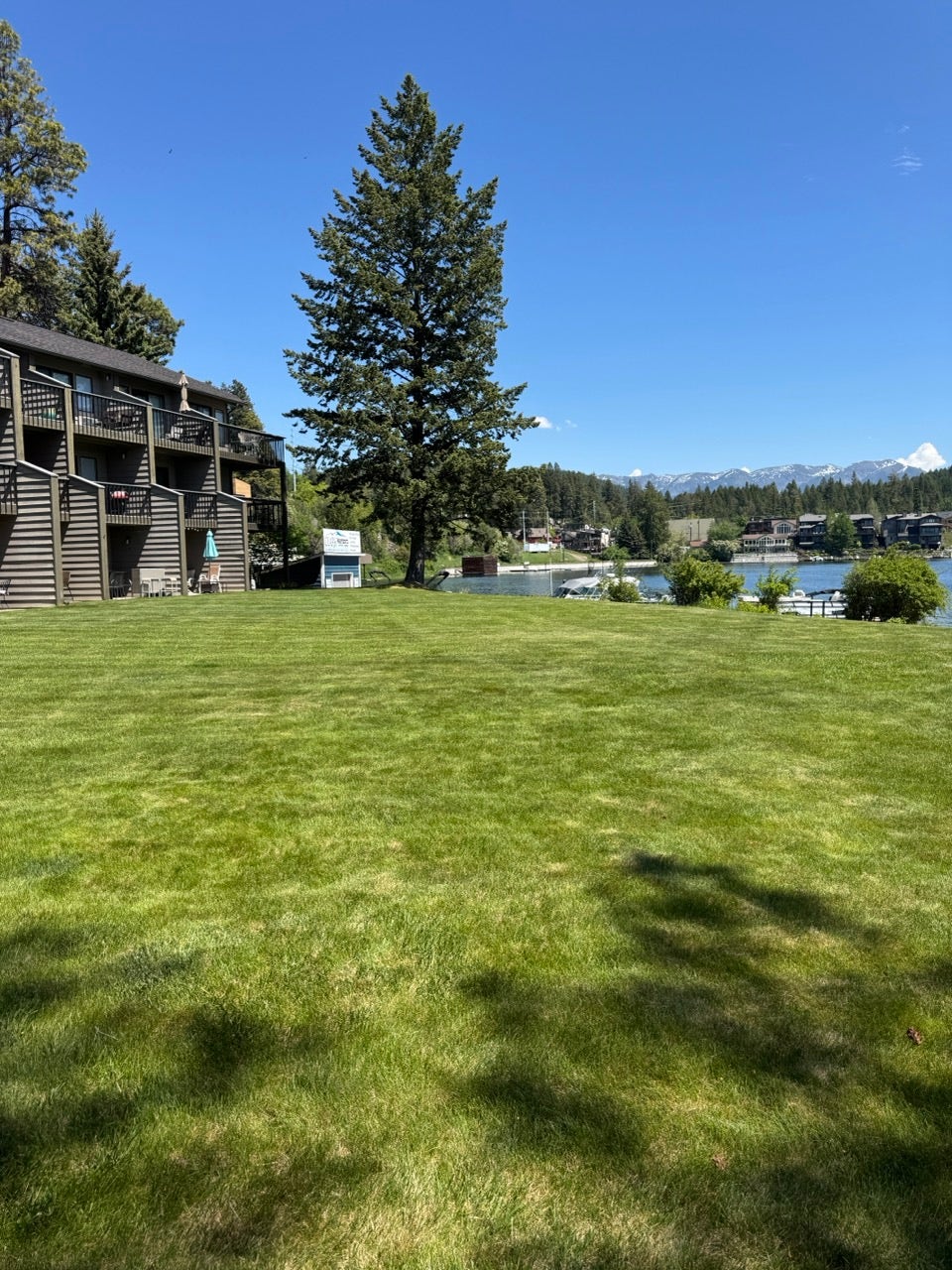 Expansive green lawn with a lakefront setting