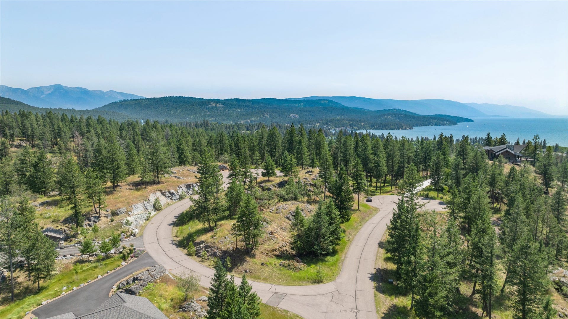 44 Rock Ridge Way, Bigfork, MT 59911 Aerial view with Flathead Lake to the south