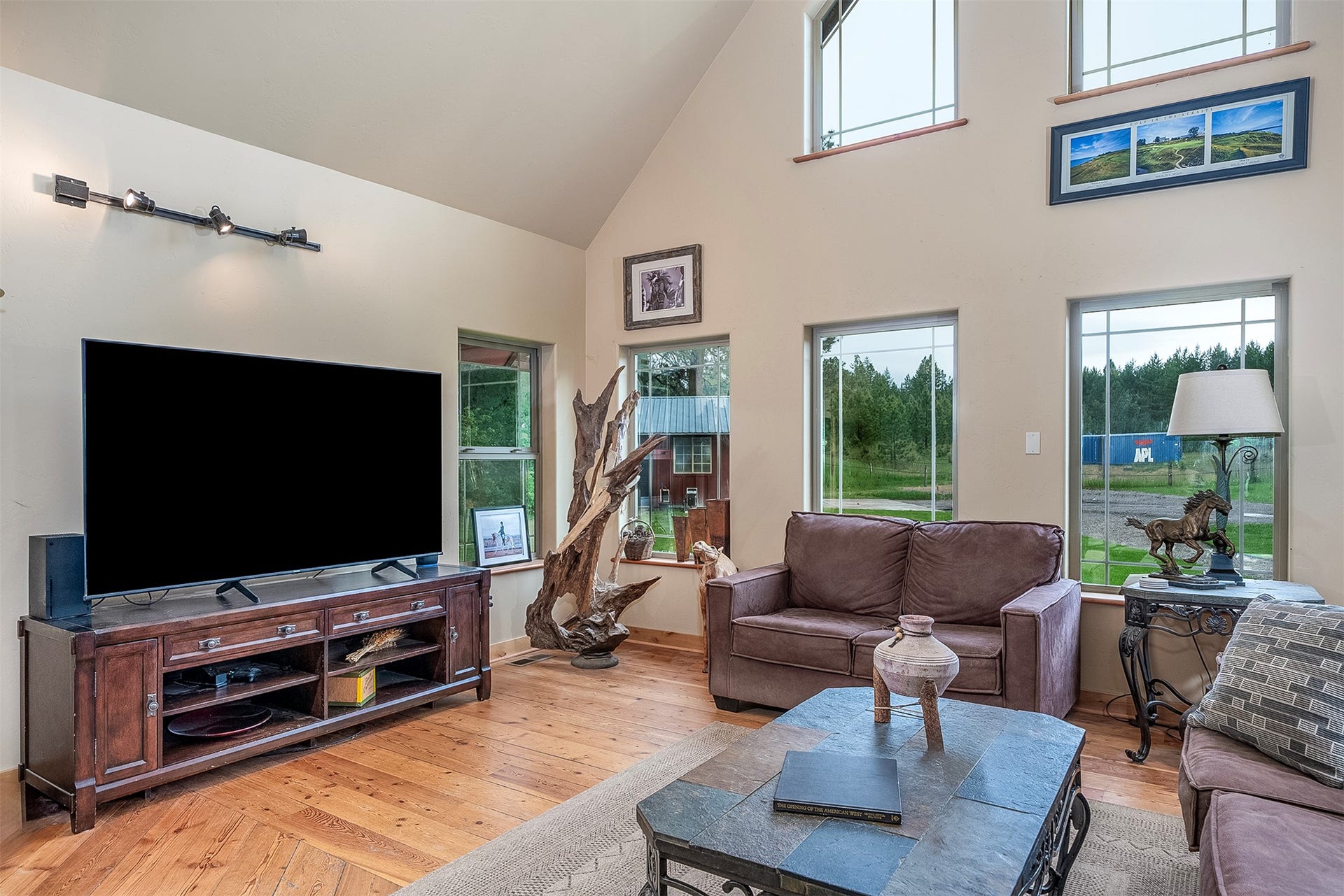 777 Mt Highway 83, Bigfork, MT 59911 Living space featuring vaulted ceilings, multiple windows, light-toned walls, wood-finish flooring, and track lighting