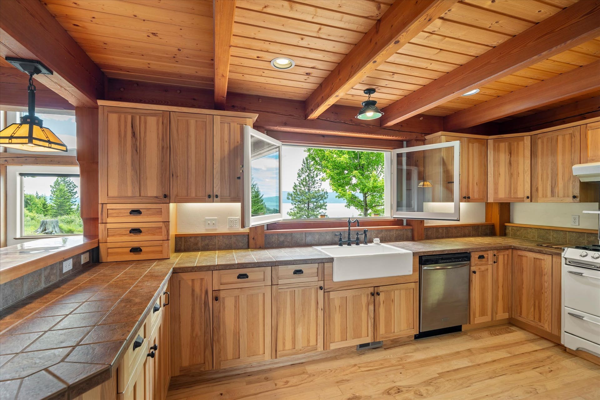 Kitchen with pass thru windows.