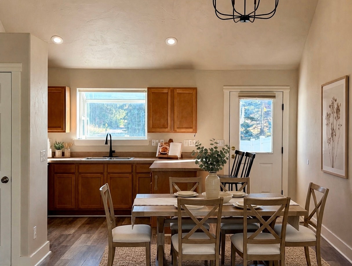 2 Empire Loop, Kalispell, MT 59901 Virtually staged open concept dining room and kitchen with bar.