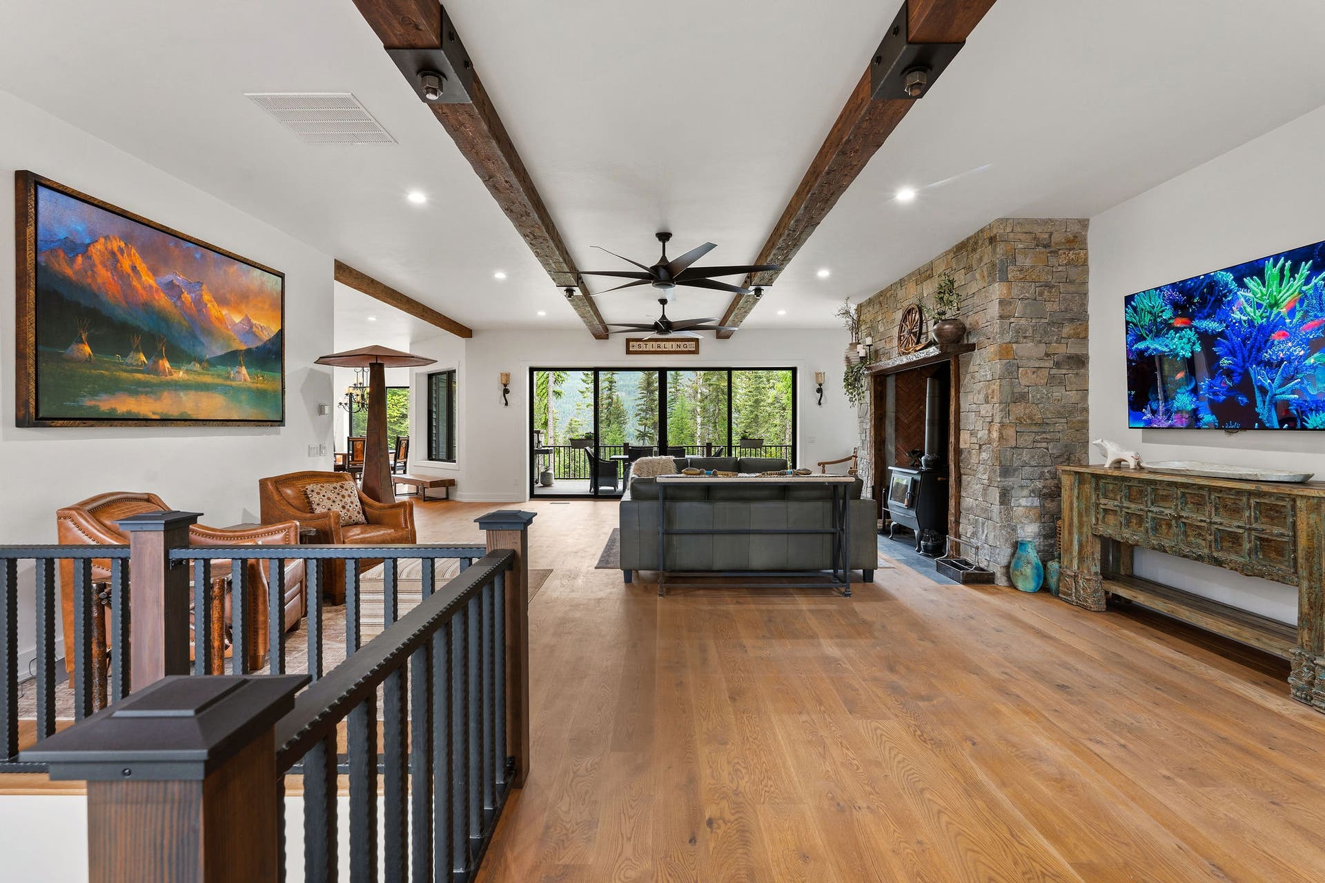 14051 Big Rock Way, Bigfork, MT 59911 10' ceilings with solid wood beams, steel railing on stairs