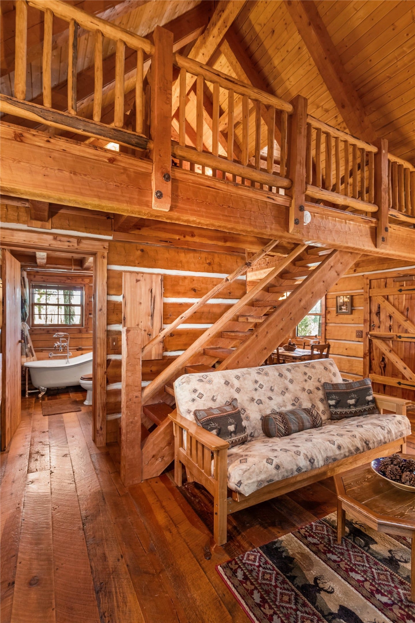 13518 Sylvan Drive, Bigfork, MT 59911 Elk Cabin stairs leading to upper level bedroom