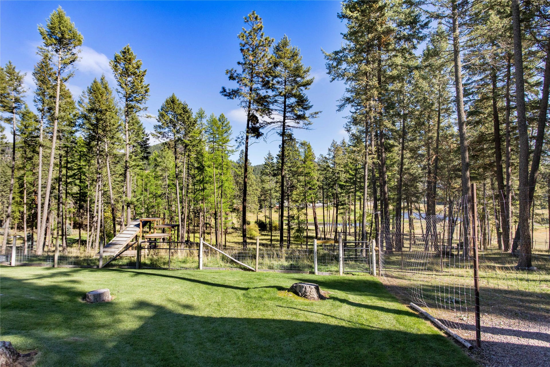 13518 Sylvan Drive, Bigfork, MT 59911 Looking from Robin's Nest Cabin towards goat playground