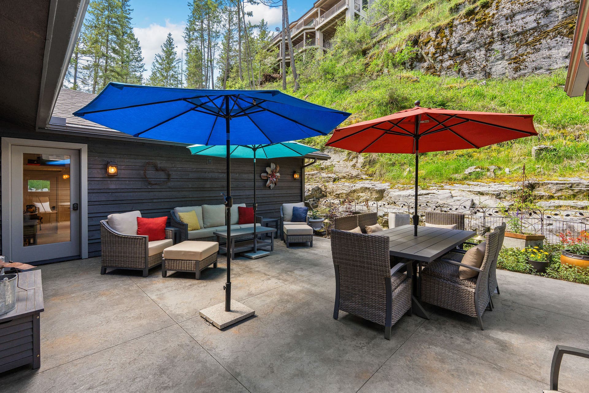 188 Eagle Bend Drive, Bigfork, MT 59911 Back patio wrapped in privacy