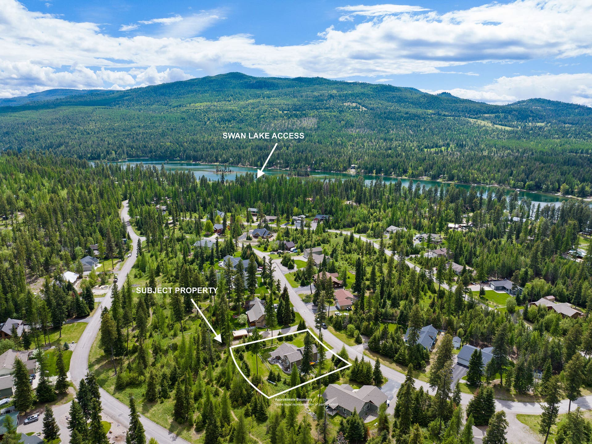 13404 Crescent Moon Drive, Bigfork, MT 59911 Aerial view illustrating the home's prime proximity to Swan Lake access