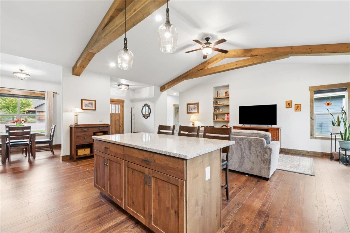 236 Bluebunch Court, Bigfork, MT 59911 Kitchen to living room and dining area