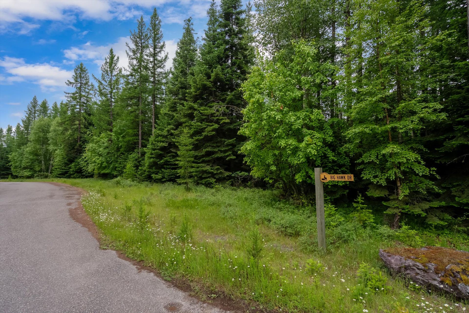 13727 Big Hawk Drive, Bigfork, MT 59911 South/SE corner property Line at Great Bear looking S/SW down Big Hawk Drive