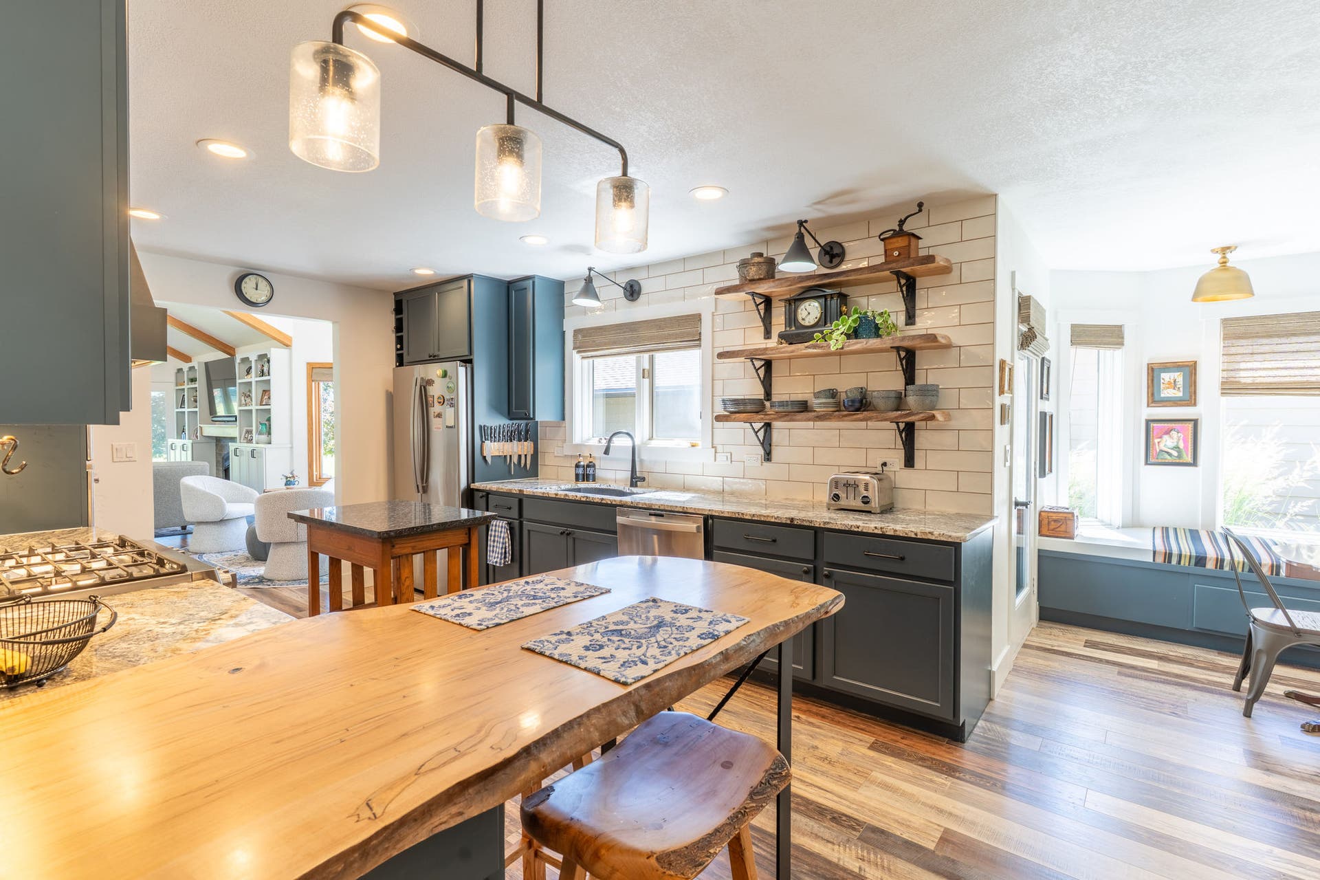 77 Golf Terrace, Bigfork, MT 59911 Live edge breakfast bar and open shelving