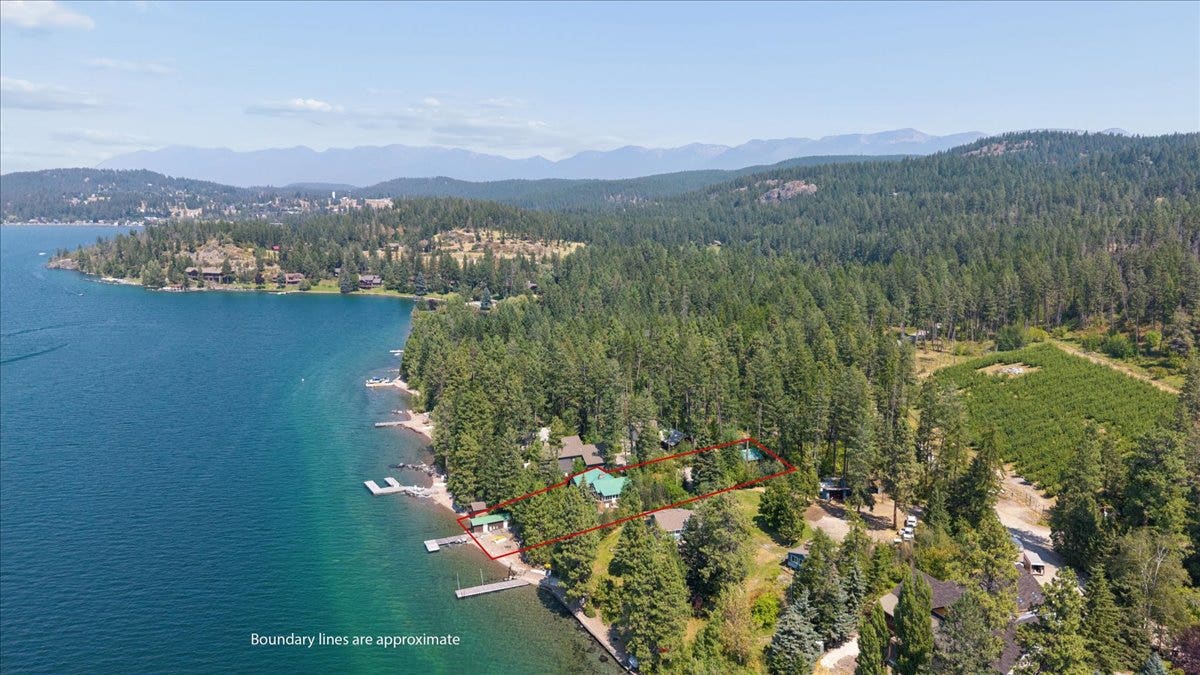 332 Flathead Lodge Road, Bigfork, MT 59911 Property with approximate boundaries marked. Located just south of Bigfork