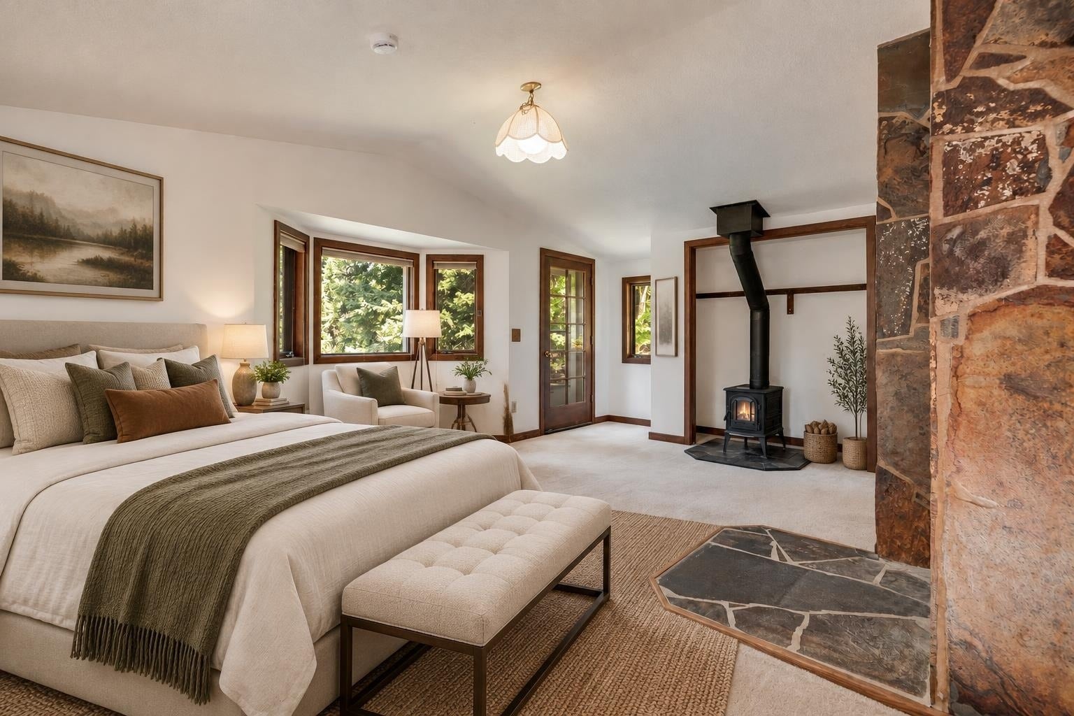 244 Bench Drive, Kalispell, MT 59901 Virtually staged primary bedroom with bay window, french door, and wood burning stove.