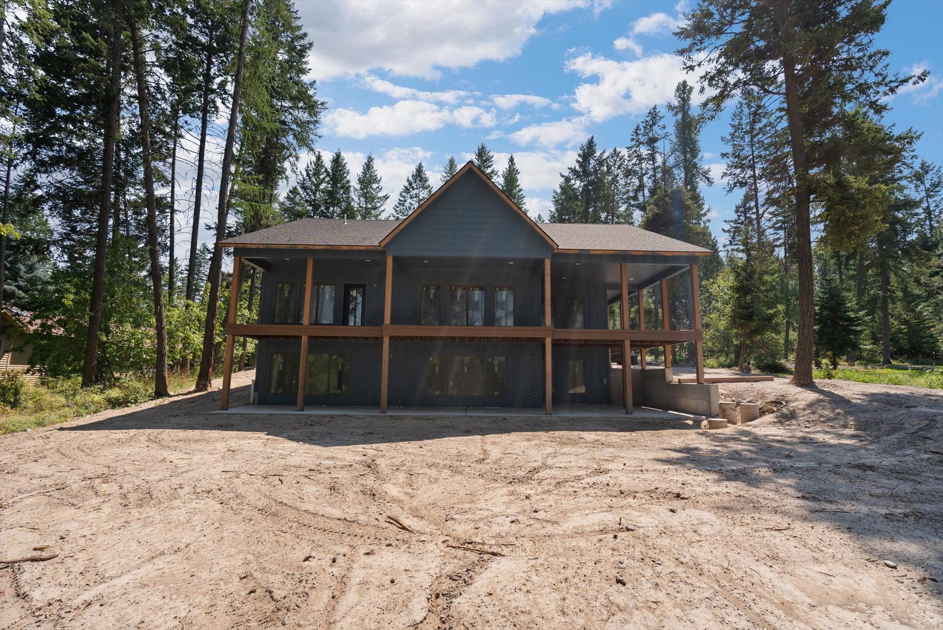 33542 Westview Drive, Bigfork, MT 59911 Symmetrical rear exterior elevation showcasing the dual-level covered decks