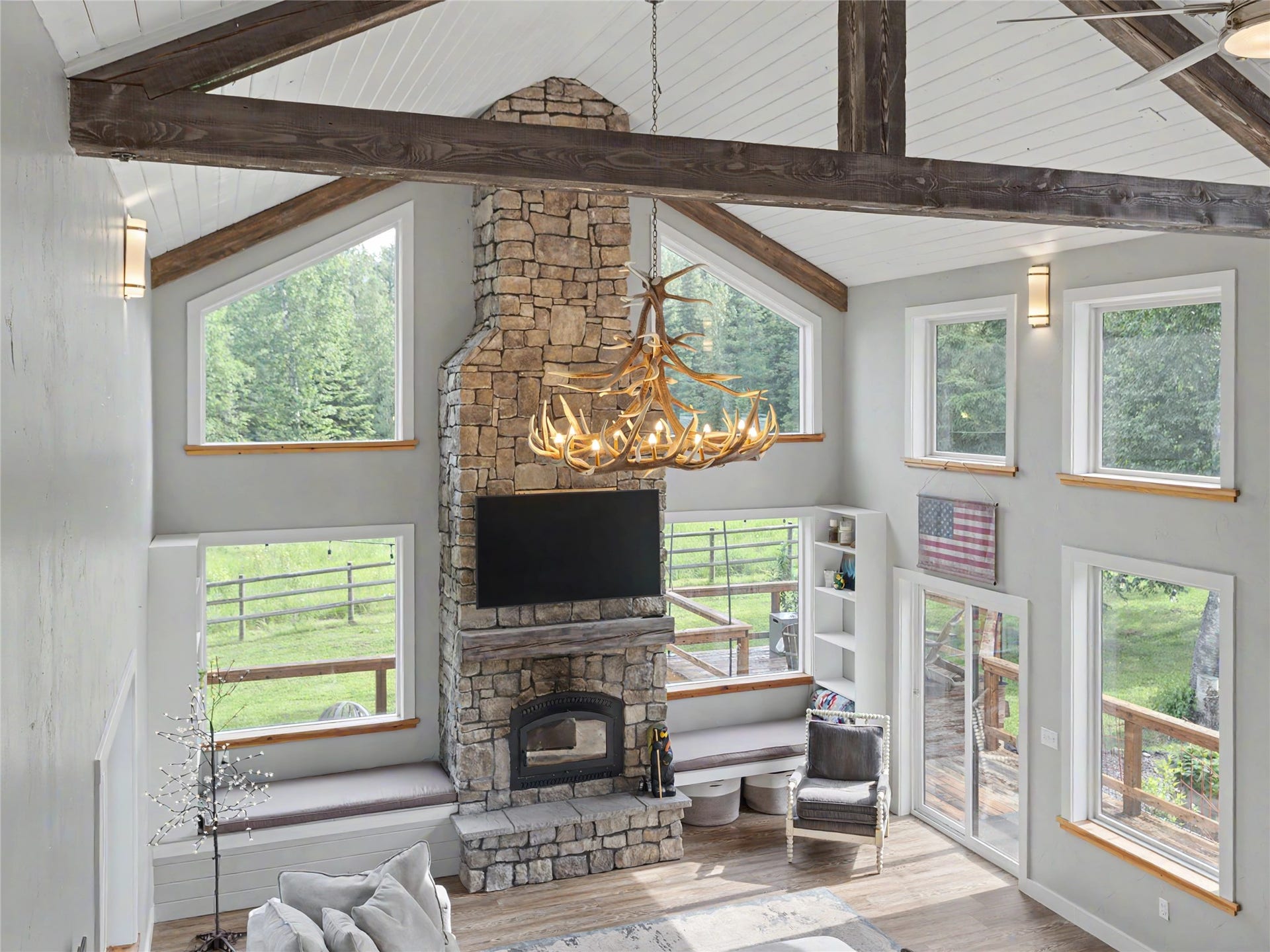 28012 Meadow Creek Road, Bigfork, MT 59911 Vaulted tongue-and-groove ceiling with exposed wood beams