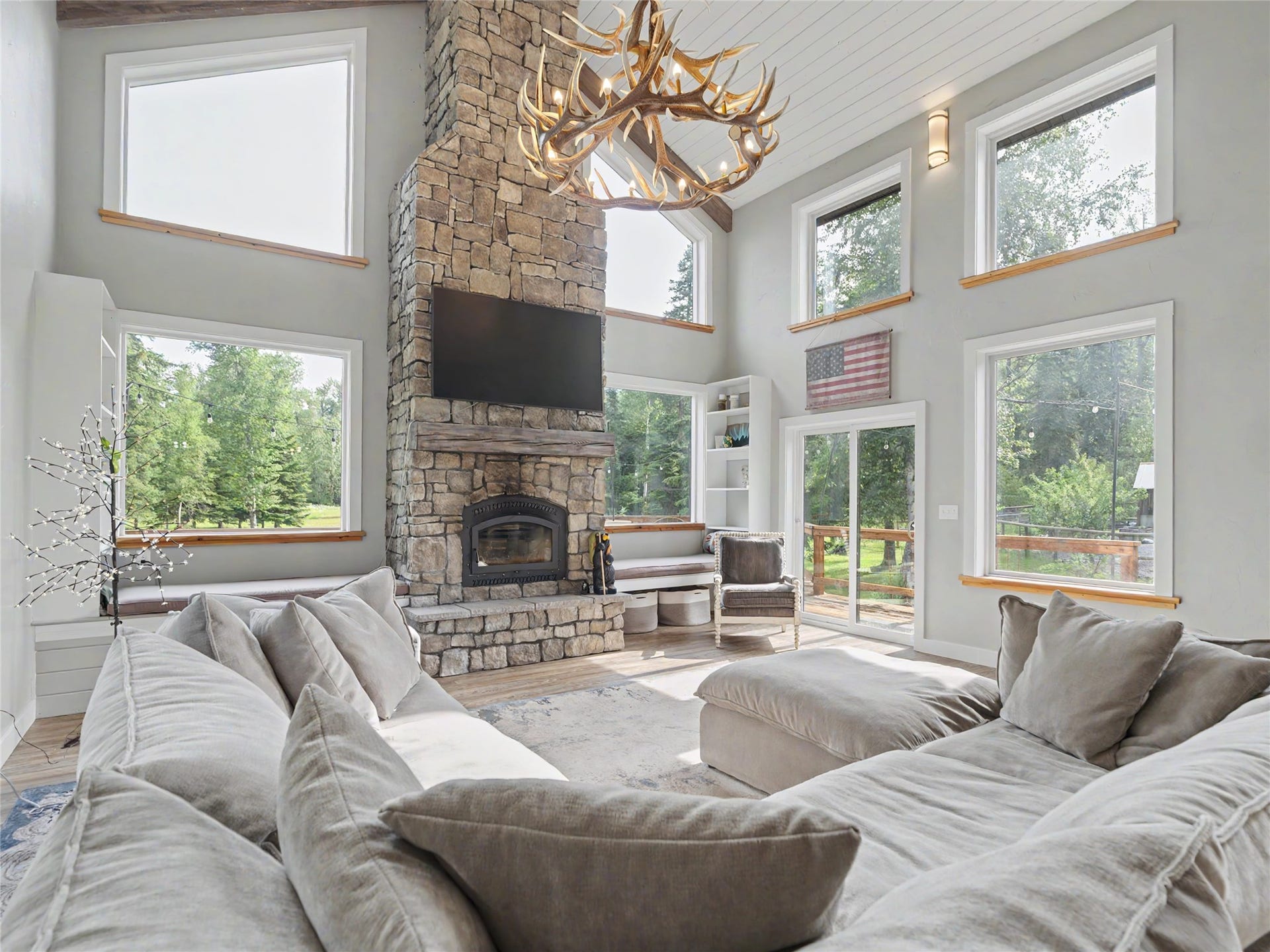 28012 Meadow Creek Road, Bigfork, MT 59911 Vaulted ceiling with shiplap finish and exposed wood beams