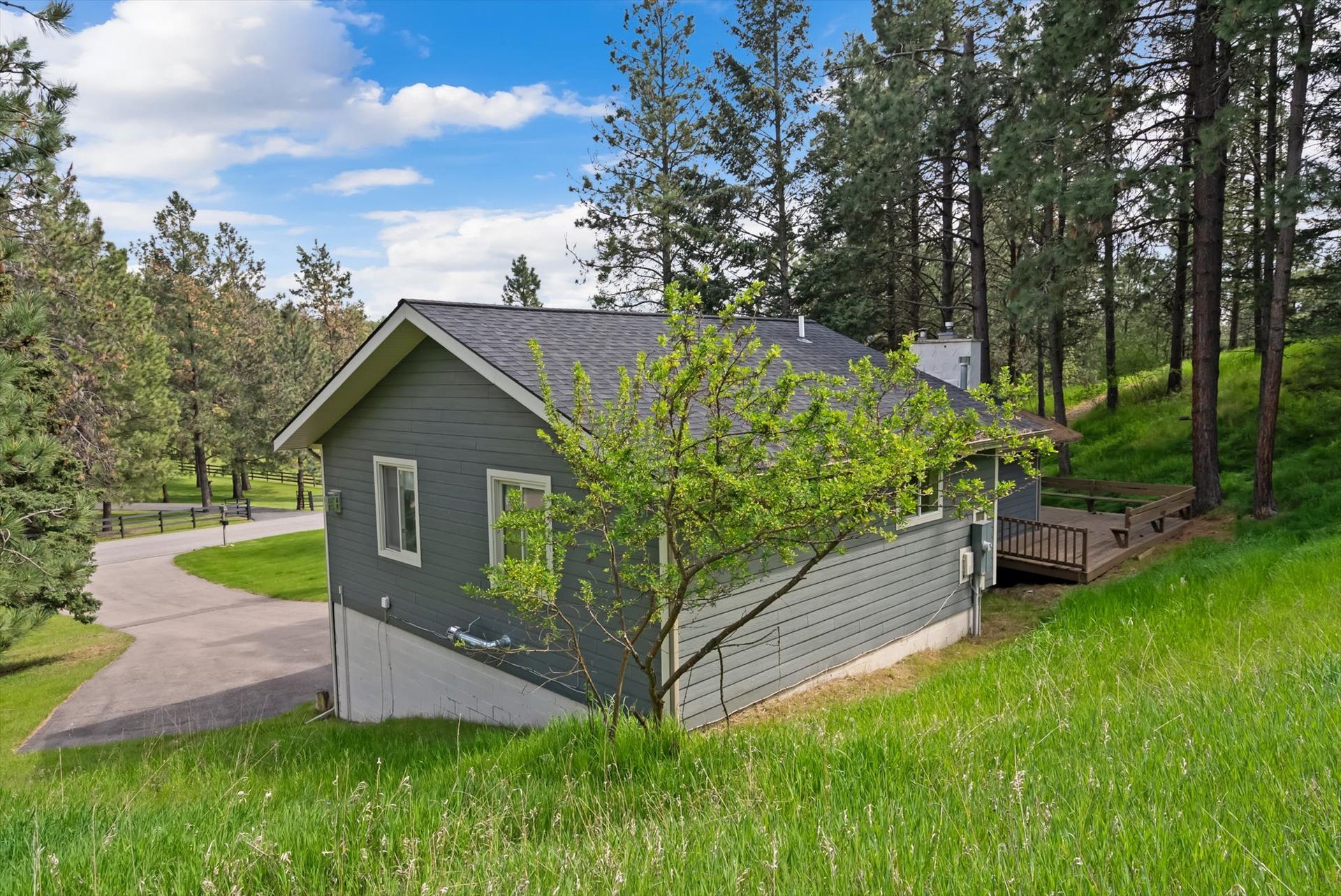 300 Peaceful Drive, Bigfork, MT 59911 Gray siding exterior with white window trim and dark shingle roof