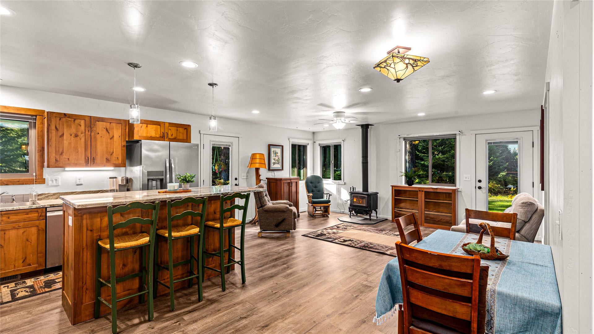 582 Ferndale Drive, Bigfork, MT 59911 Open Concept kitchen, dining and living room.