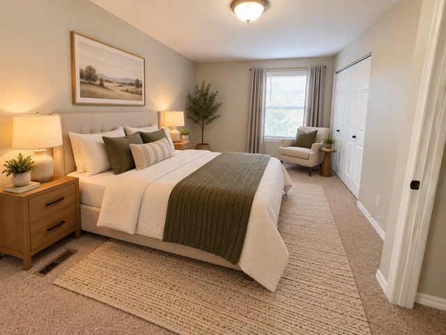 Plush carpet flooring, neutral painted walls, and a window with natural light