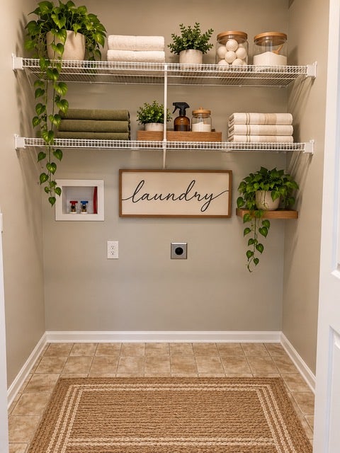 Neutral wall paint, tile flooring, two levels of wire shelving, and a wall-mounted utility box
