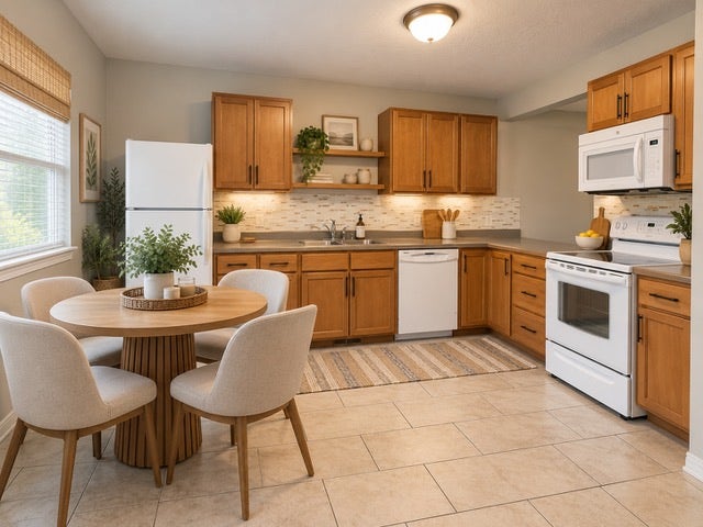Wood cabinetry with black hardware, white appliances, and a tiled backsplash