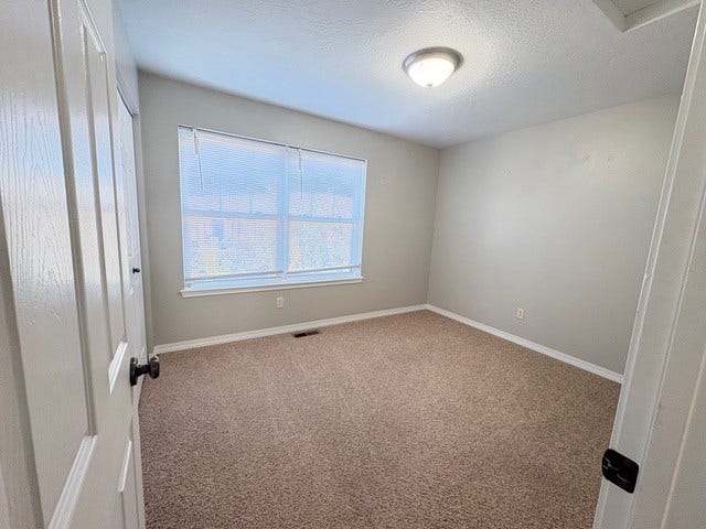 Neutral wall paint with carpet flooring, a window with horizontal blinds, and a flush mount ceiling light fixture