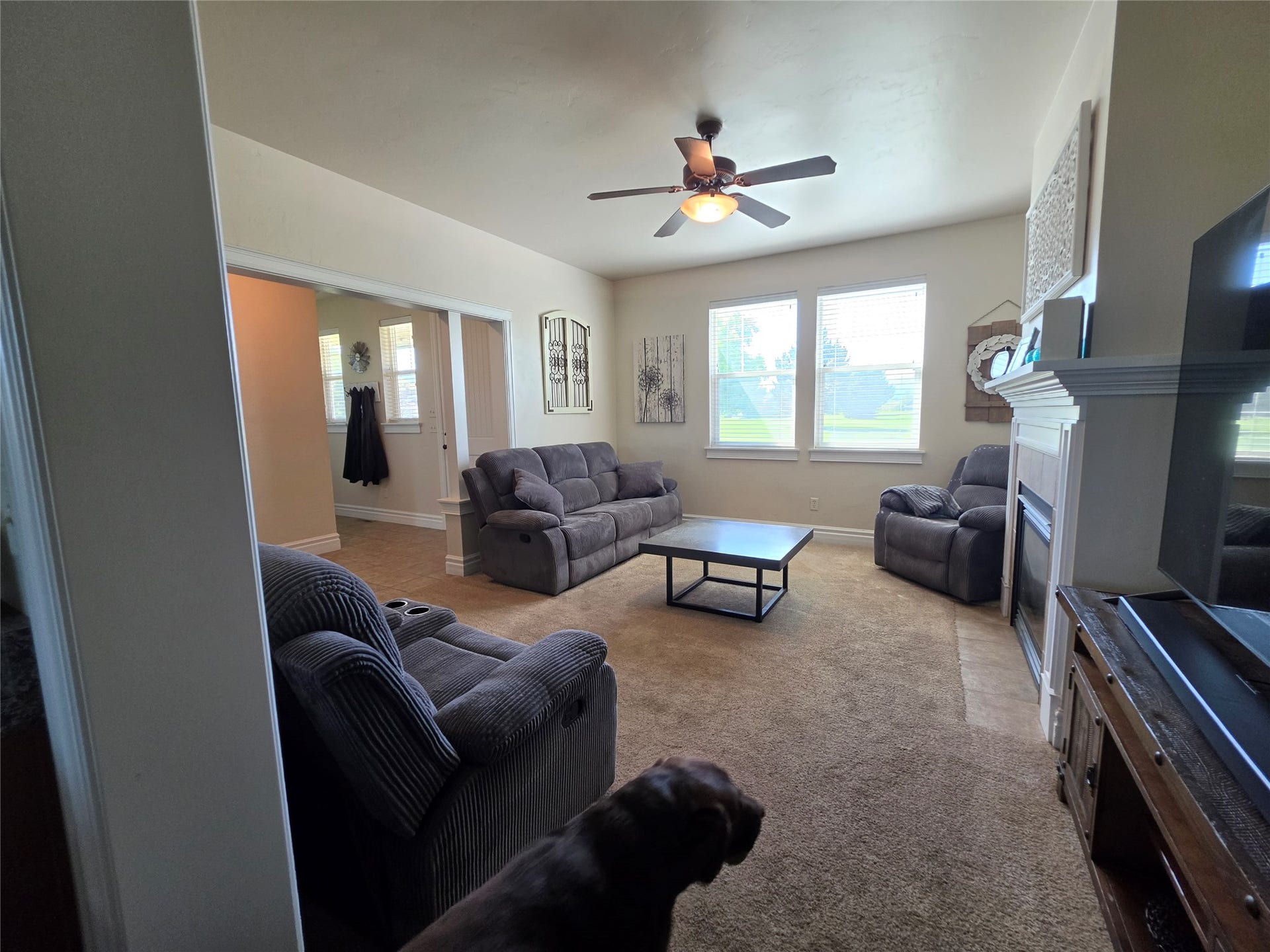 585 Wildflower Circle, Hamilton, MT 59840 Living area featuring carpet flooring, a ceiling fan with integrated lighting, a fireplace with a white mantel, and multiple windows