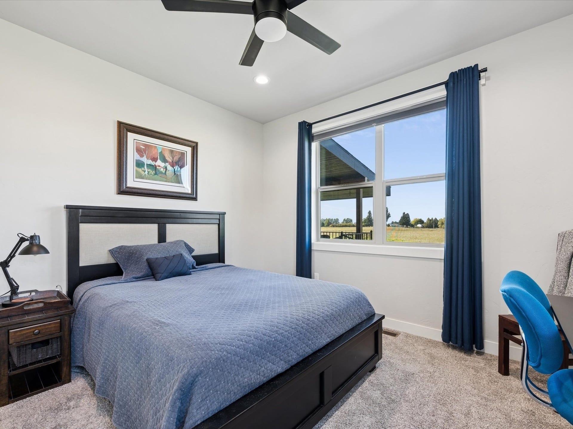 148 Fox Den Trail, Kalispell, MT 59901 Recessed lighting, ceiling fan, carpet flooring, a large window, and a built-in closet