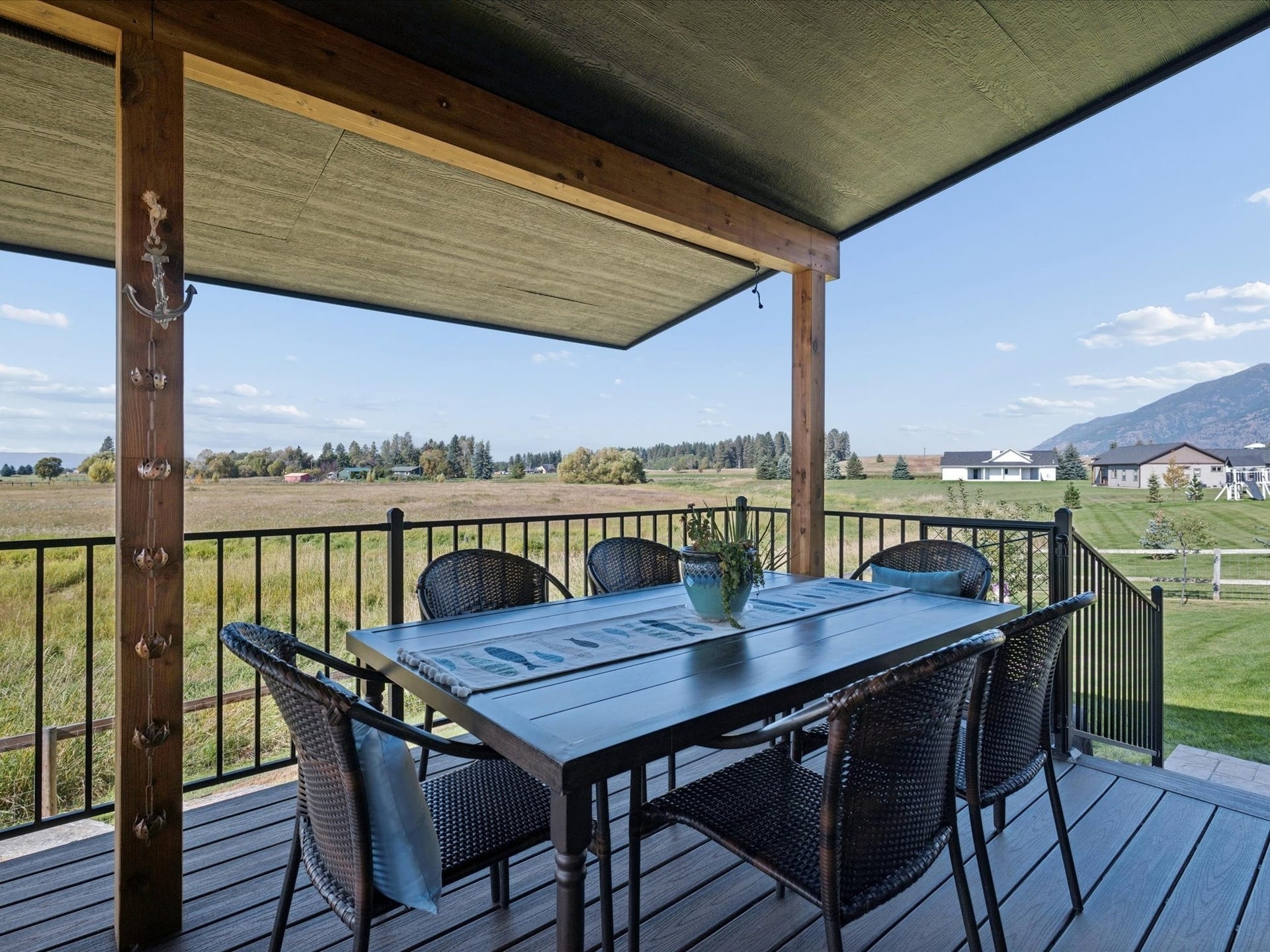 148 Fox Den Trail, Kalispell, MT 59901 Covered outdoor deck featuring composite decking, a black metal railing