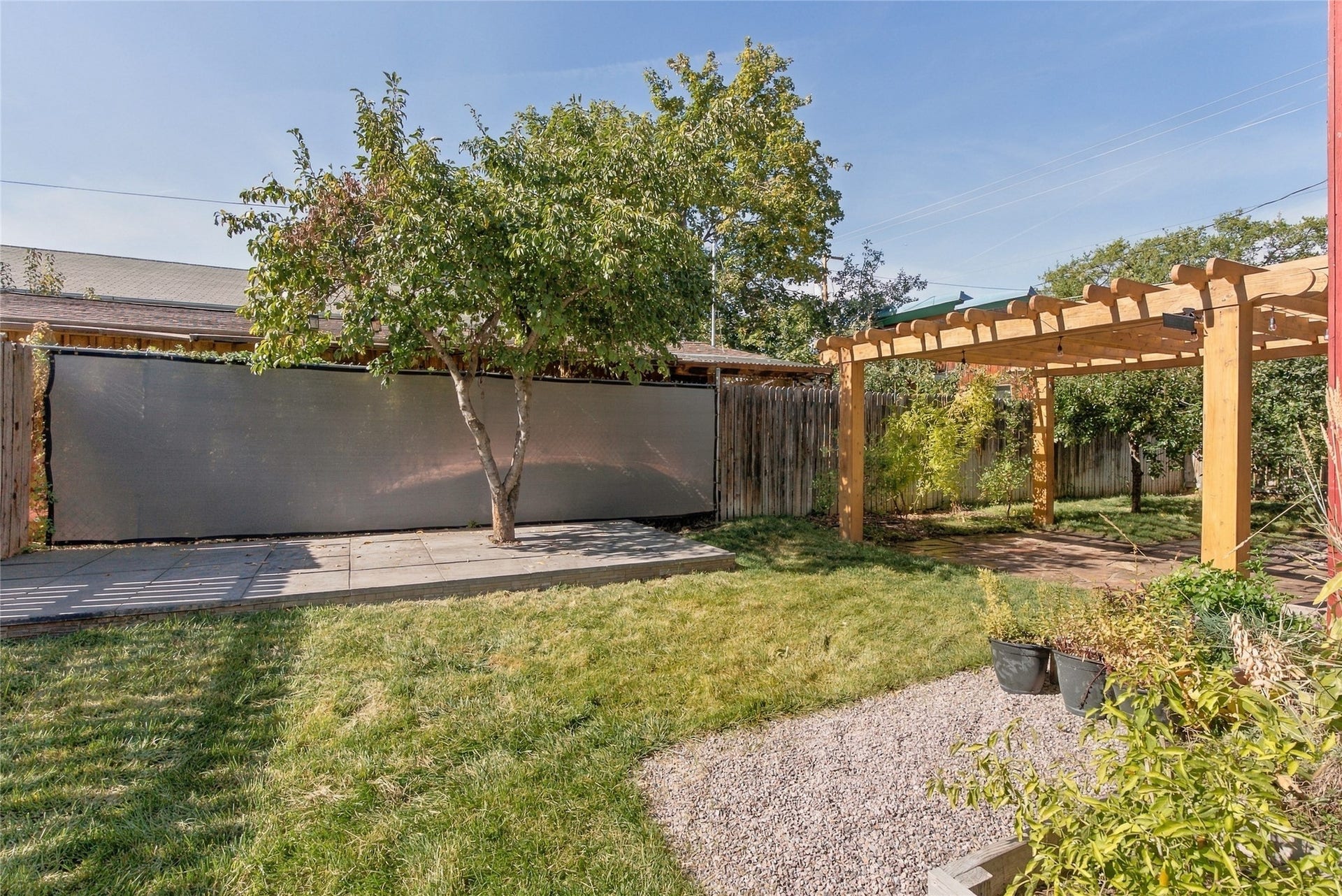 Expansive backyard featuring a natural wood pergola, mature trees, and a gravel pathway
