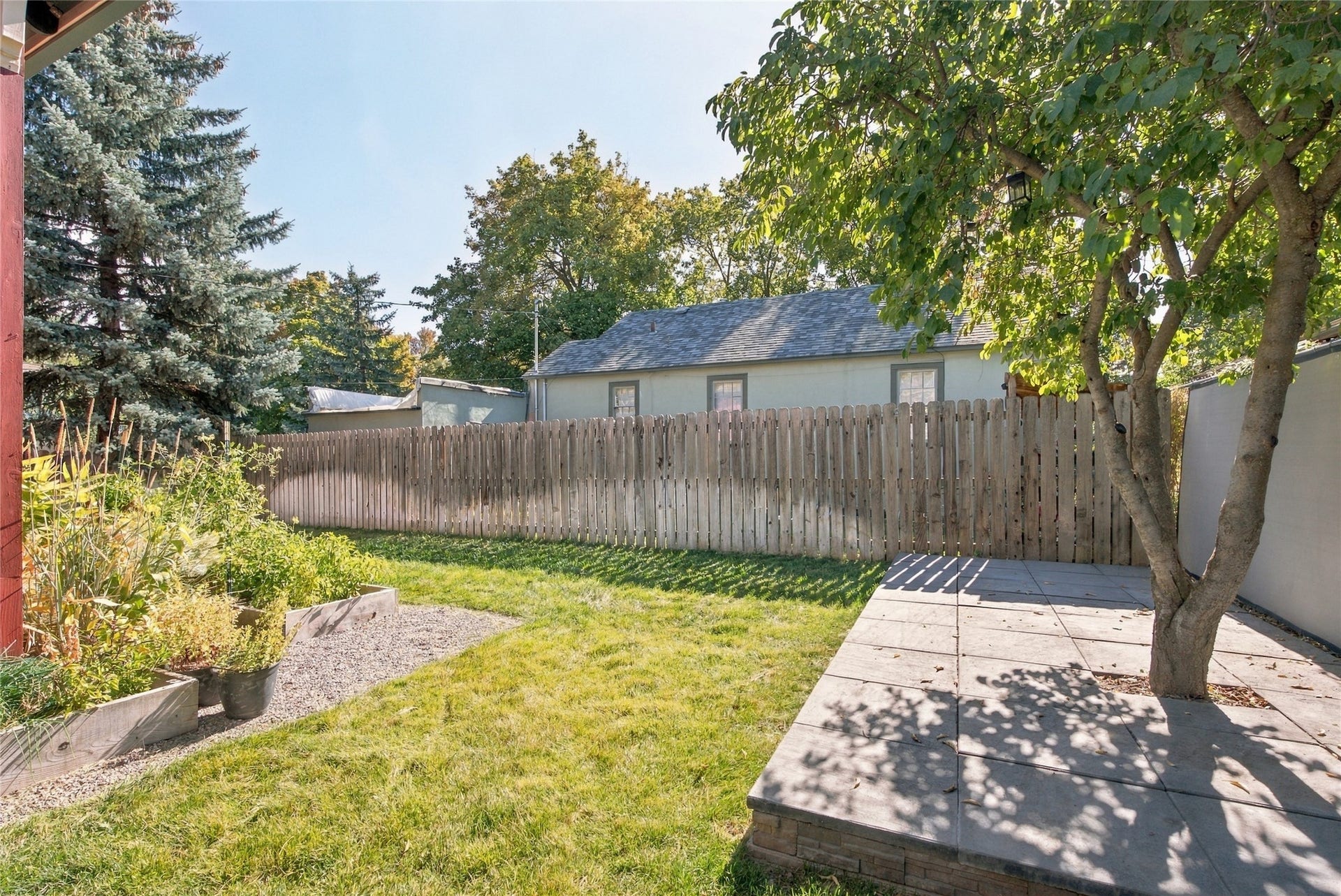Expansive outdoor space featuring a manicured lawn, established privacy fencing, a mature tree, and a paved patio area