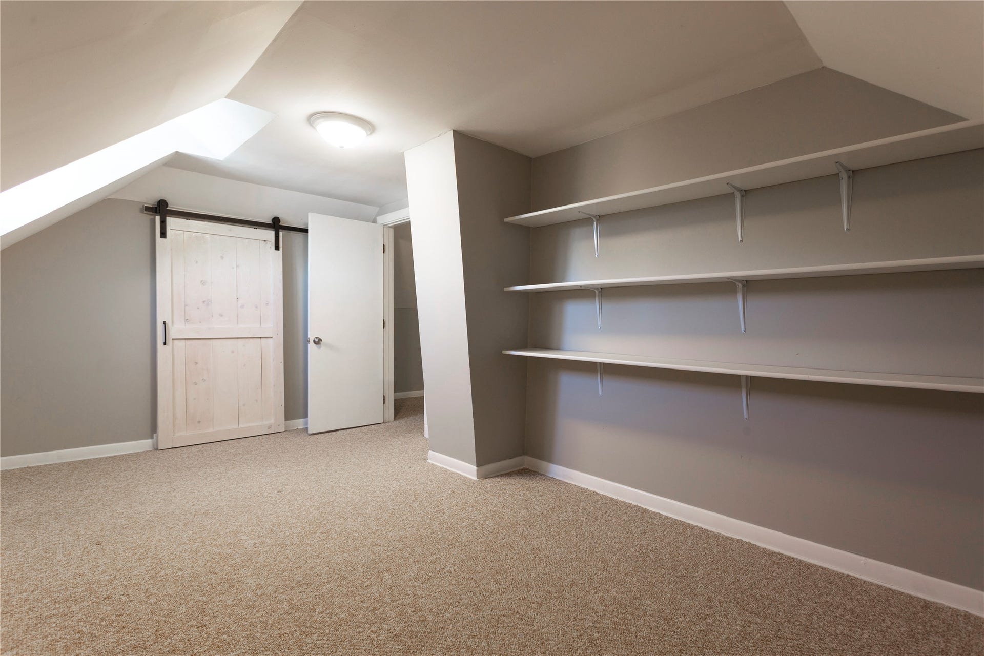 Sloped ceiling with recessed lighting, barn door, built-in shelving, plush carpet flooring, and neutral wall tones