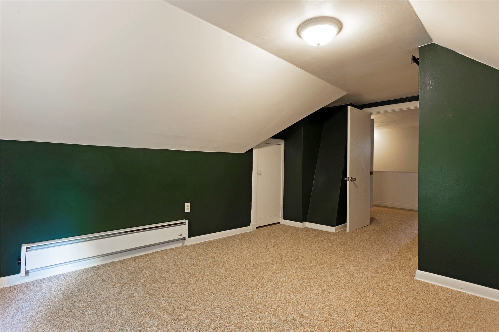 Carpeted flooring with painted walls, a flush-mount ceiling light, and baseboard heating
