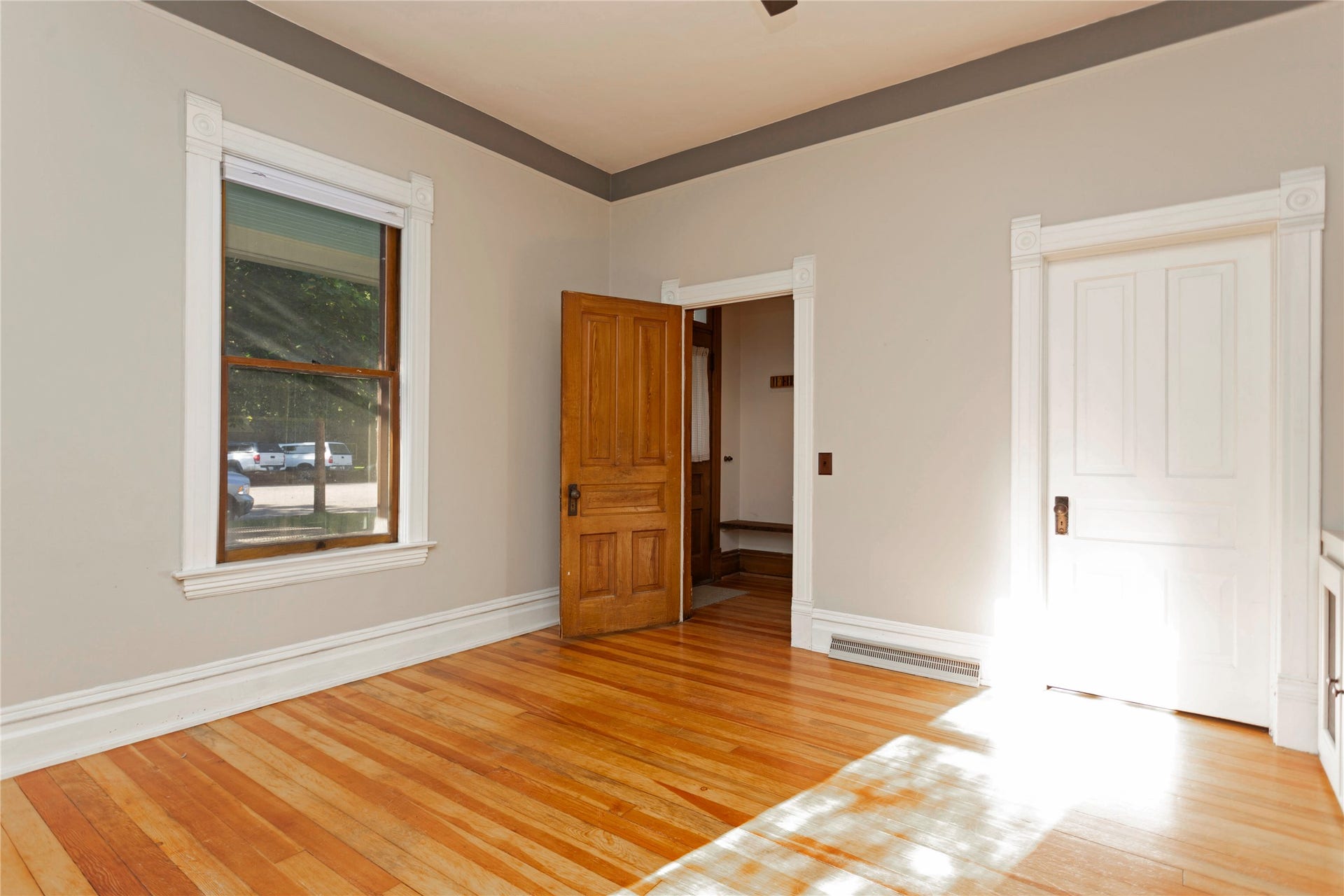 Wood-finish flooring, white trim, and a wood-panel door