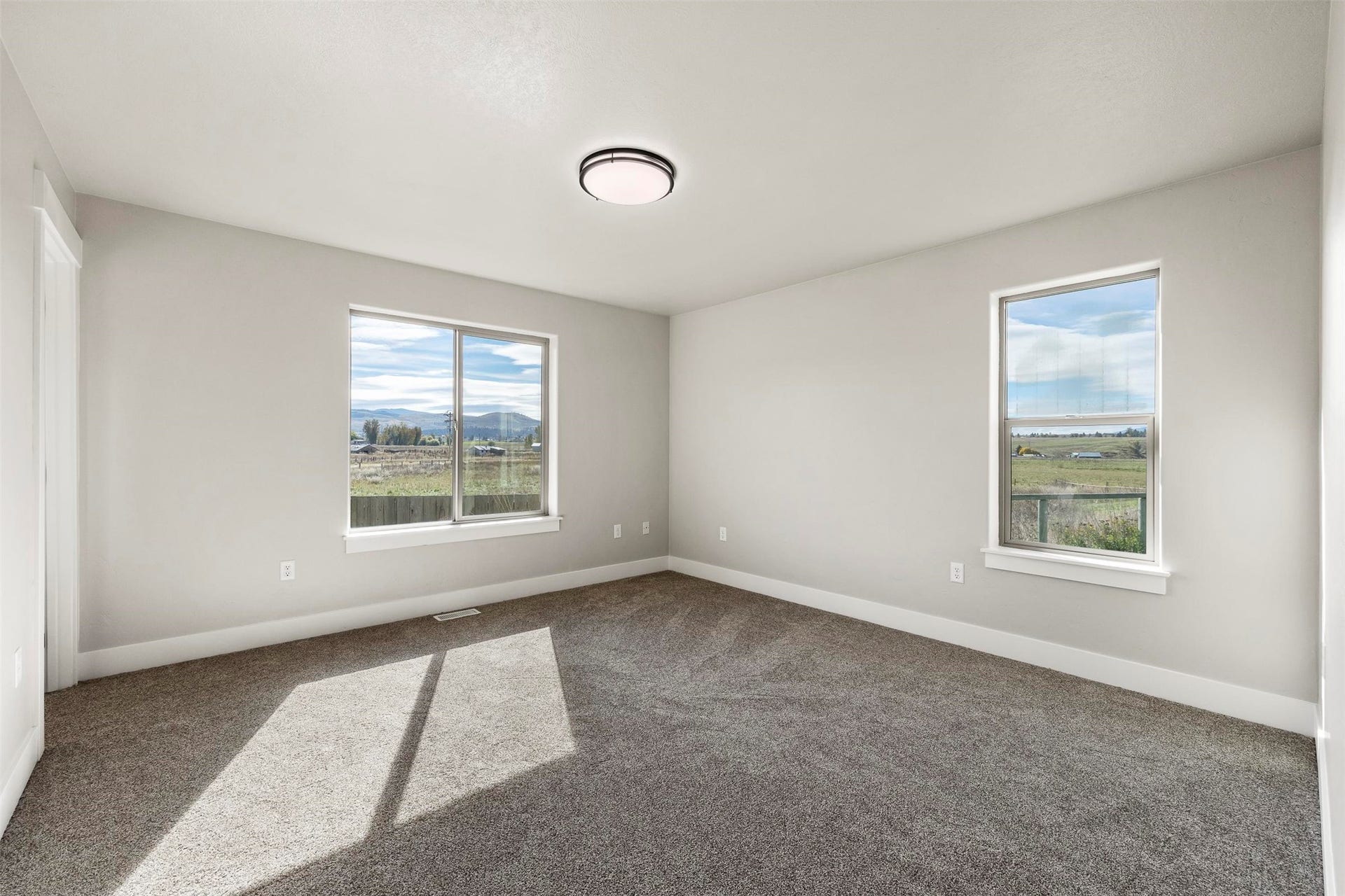 Neutral painted walls, gray carpet, multiple windows, and a flush mount ceiling light fixture