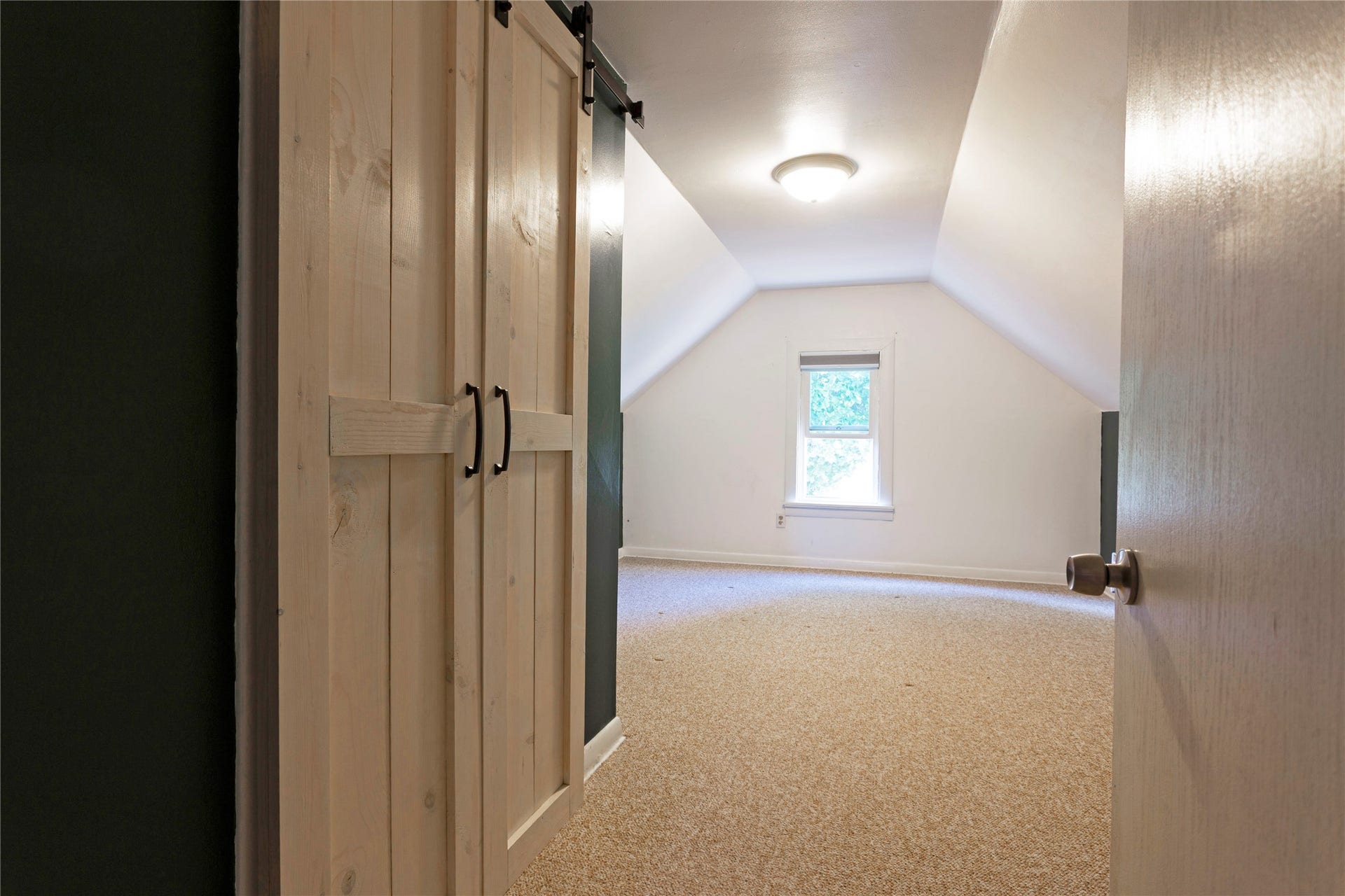 Light wood barn doors with black hardware, warm neutral carpeting, and a single window