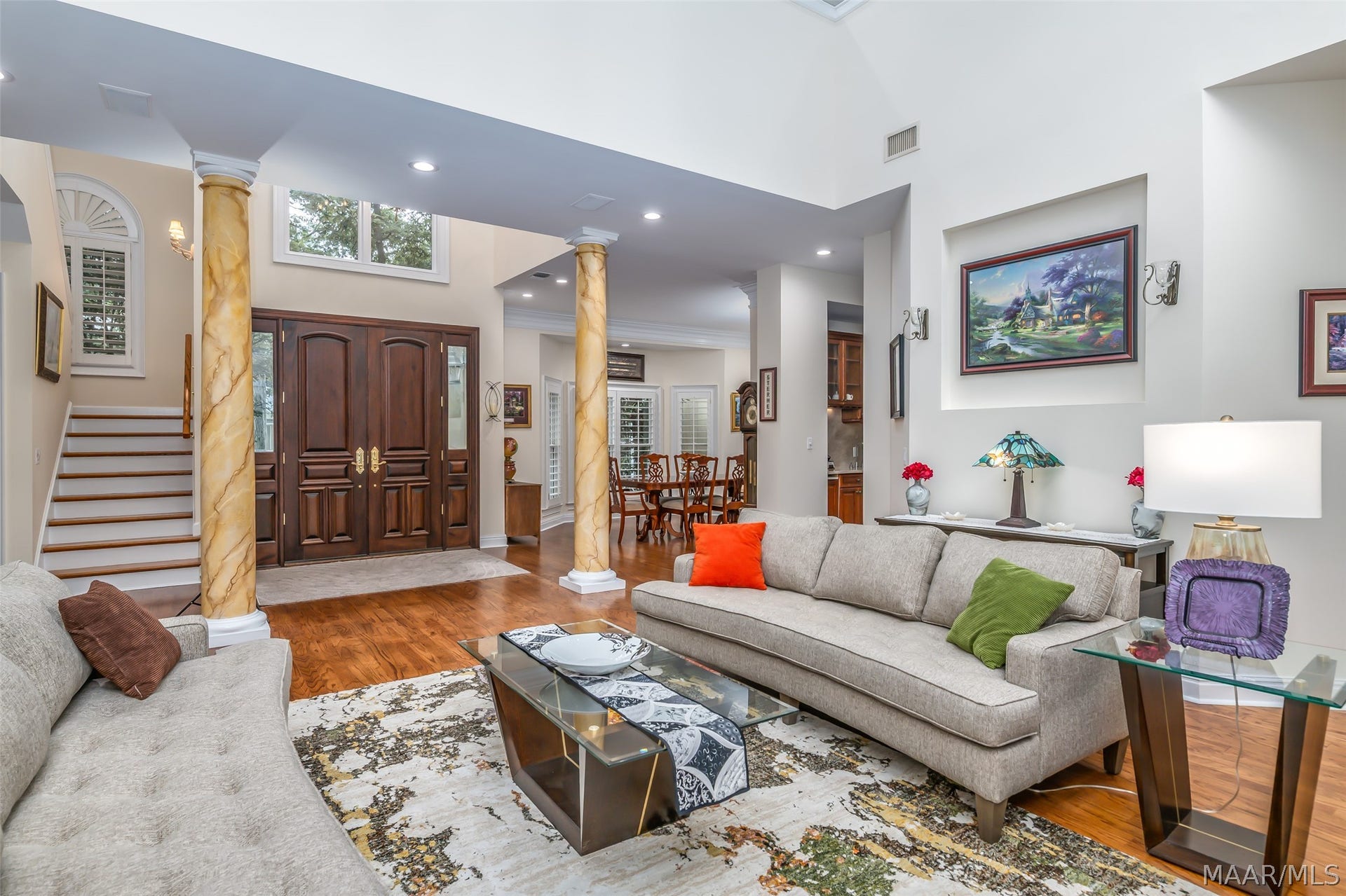 Inviting living space with striking architectural columns framing the space