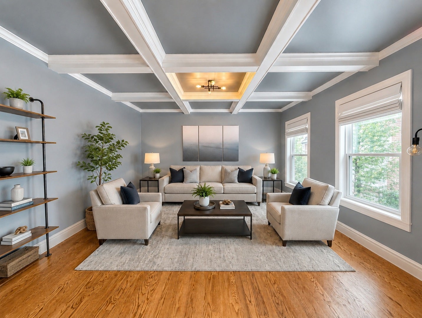 13070 Waterford Drive, Lemont, IL 60439 Spacious living room with a dramatic coffered ceil