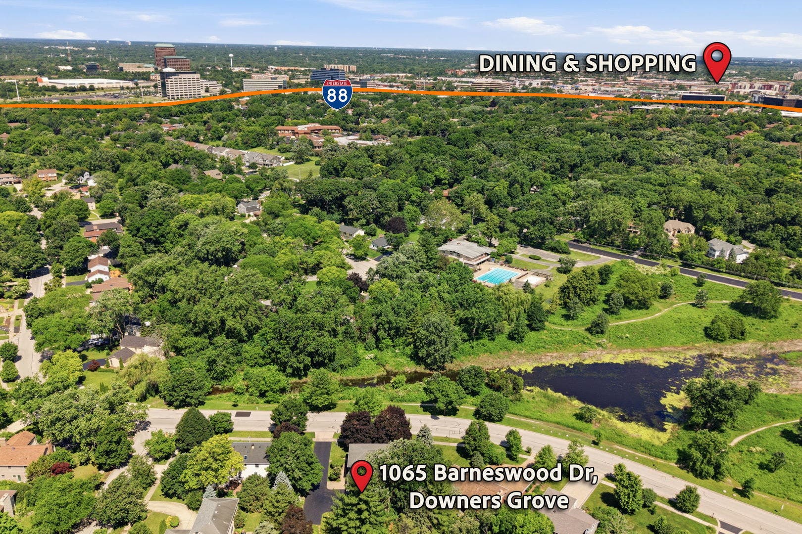 Northwest facing view, proximity to I88, I355, and