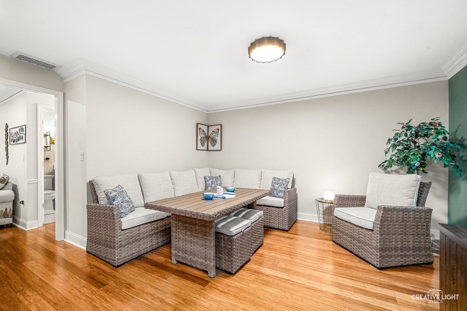 Currently used as a dining room, this could be use