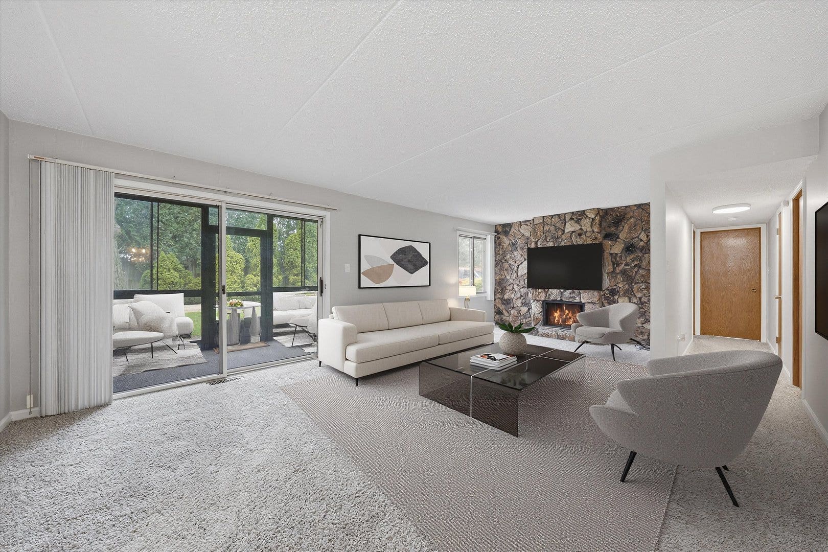 Cozy Fireplace, Over Sized Windows and a Sliding D