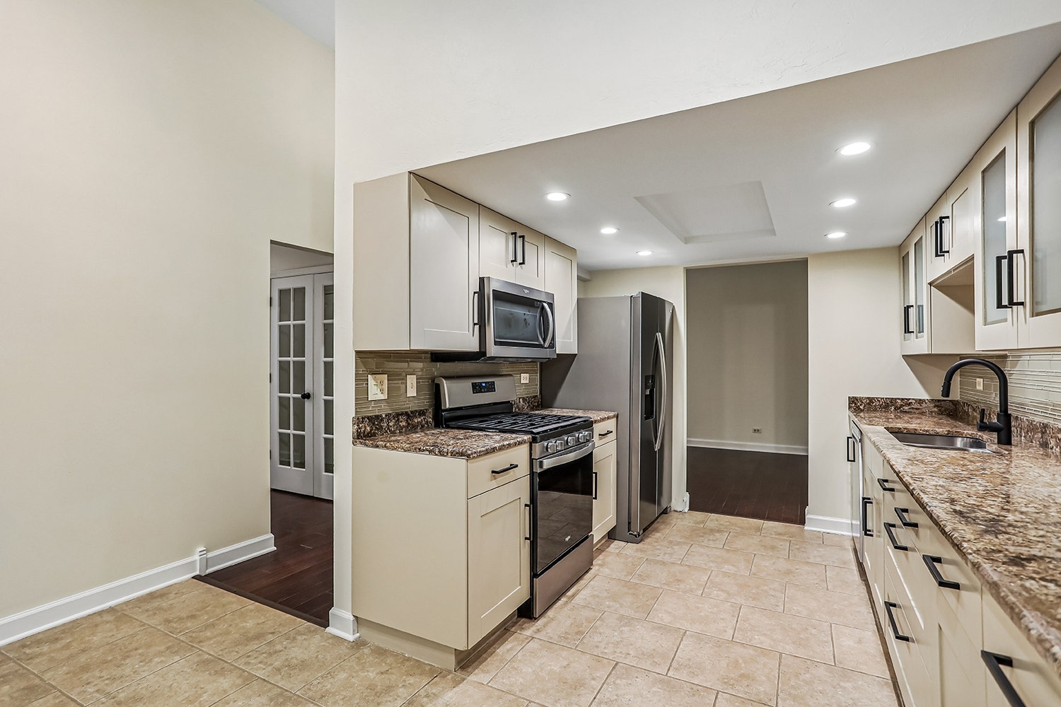 This Kitchen has all stainless steel appliances an