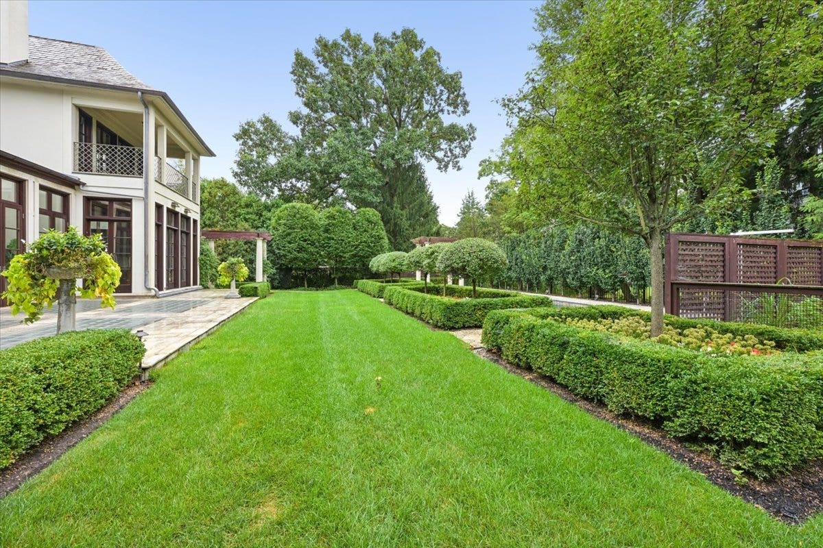 Professionally landscaped backyard with pool, gard