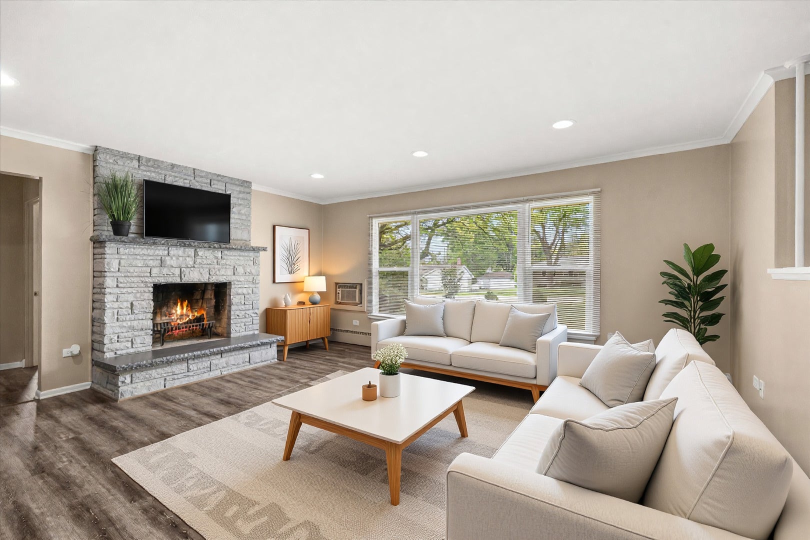 1638 VIRGINIA Street, Downers Grove, IL 60515 Virtually Staged Living Room. Fire in fireplace is