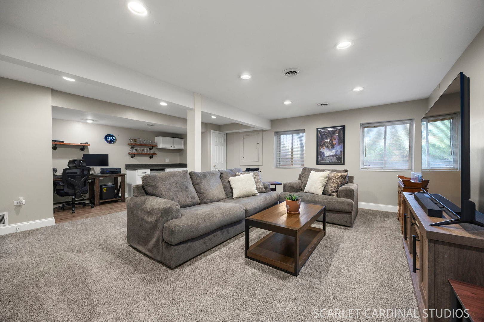 Incredible finished basement with lookout windows