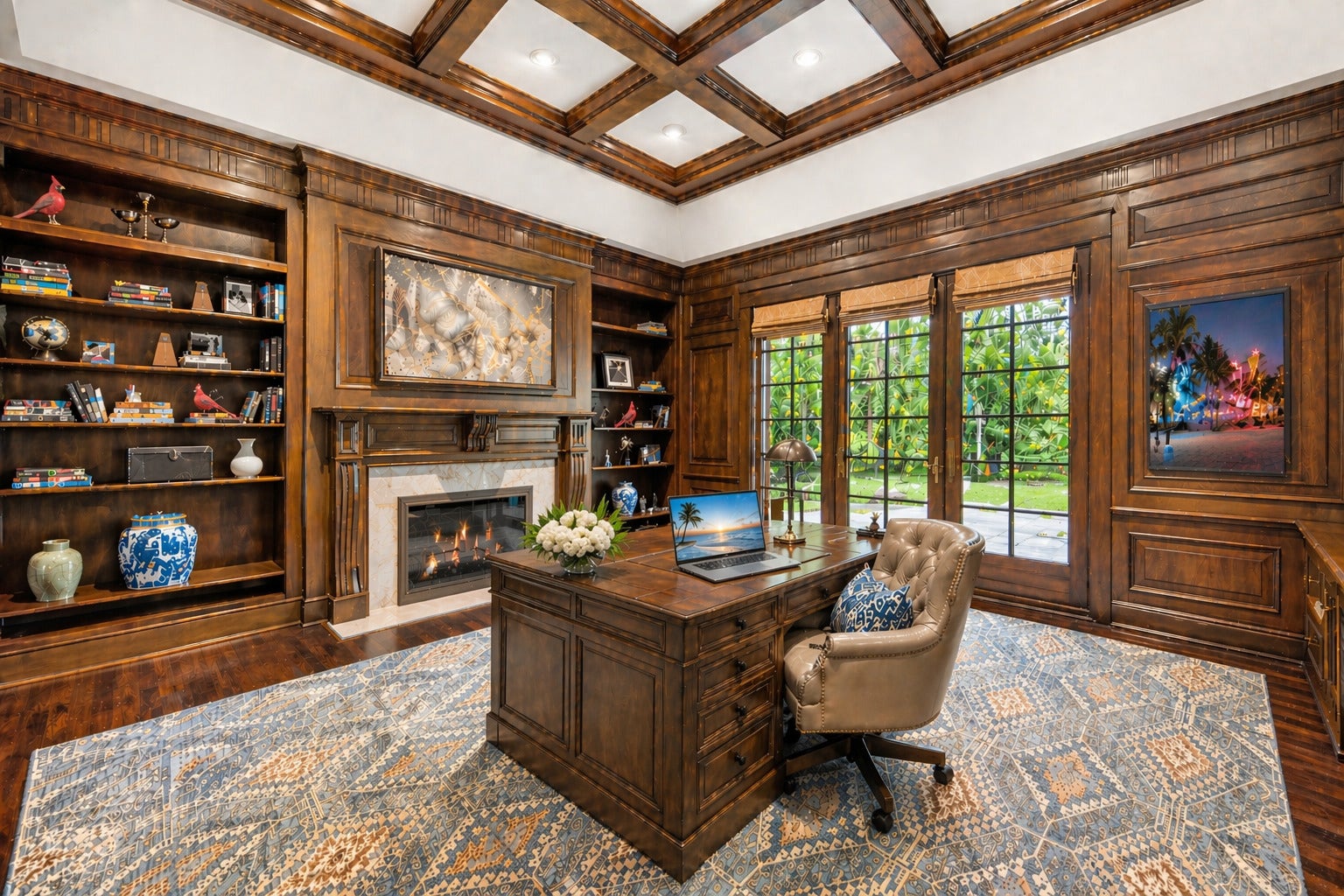 Burled walnut paneled Library with custom built-in
