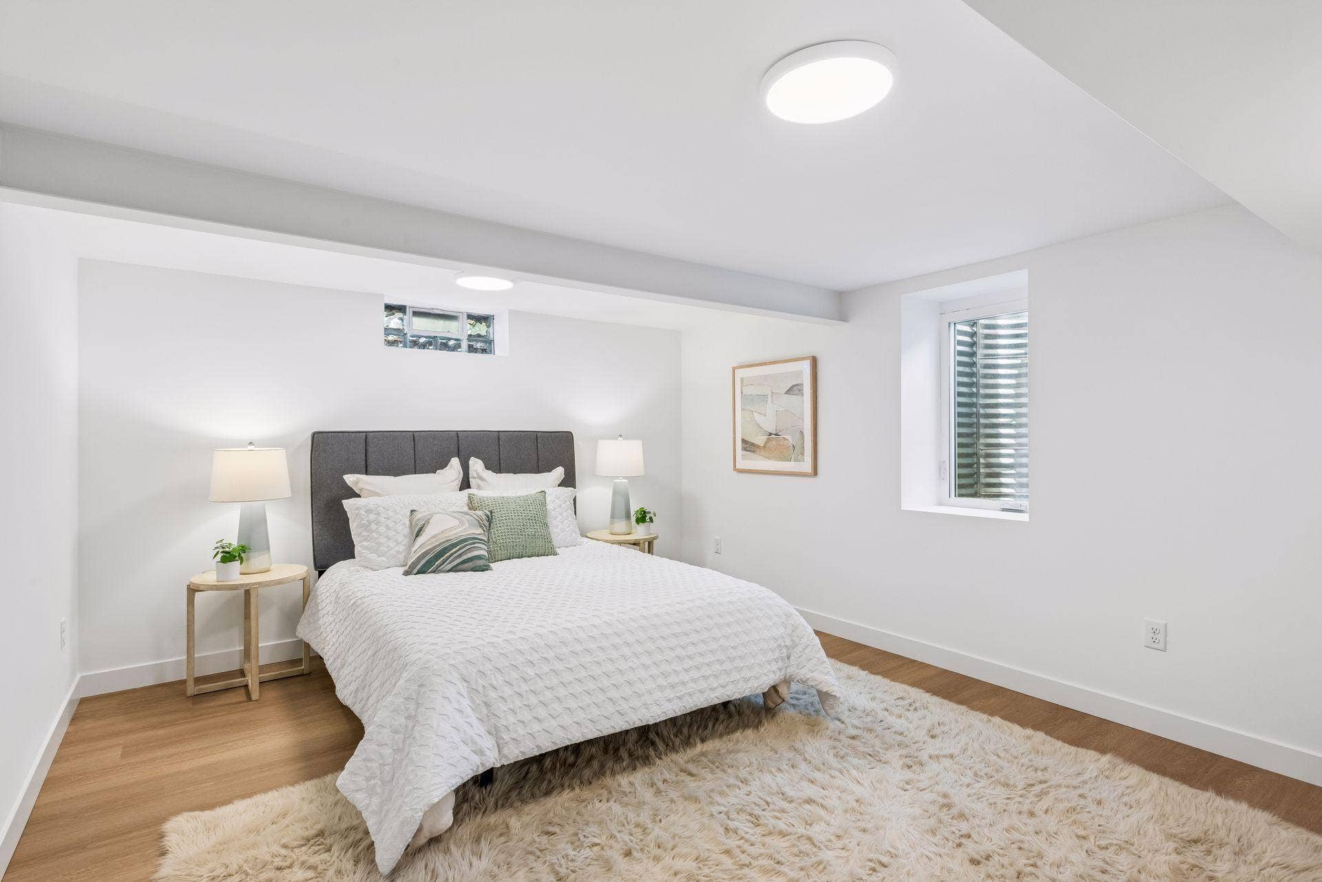 16x13 Lower Level Bedroom #3 with East and north-facing updated Glass block window, New East-facing Egress window, new paint, New trim and closet door, new luxury vinyl flooring, and lighting.