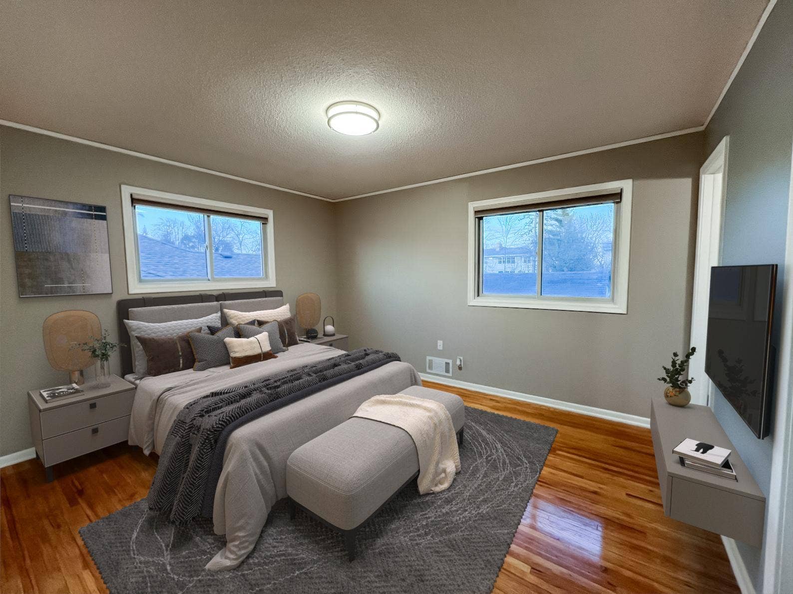 6325 Halifax Avenue S, Edina, MN 55424 Primary Bedroom (Main Floor) Virtually Staged Bedroom furnishings, bedding, artwork, and dcor have been digitally added for illustrative purposes only.
